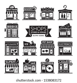 Shops, stores and restaurants icon collection. Set of 14 storefront vector illsutartions. Retail and shopping concept.