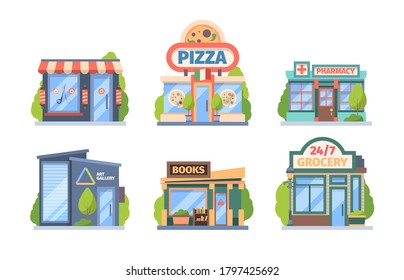 Shops and stores set. Commercial color retail markets food drug sales city boutiques with window displays awnings modern style restaurants cafes small architectural buildings. Vector supermarket.