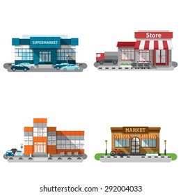 Shops stores and supermarket buildings flat decorative icons set isolated vector illustration