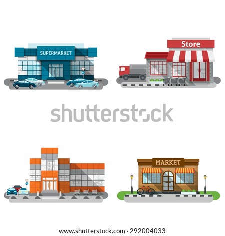 Shops stores and supermarket buildings flat decorative icons set isolated vector illustration