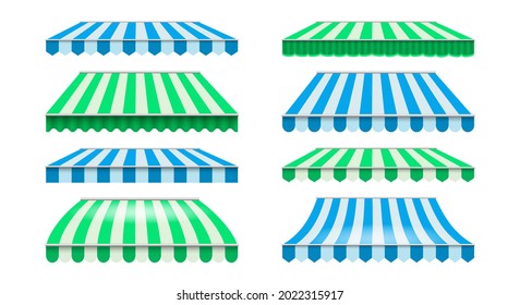 Shops striped canopy. Restaurants shade roof and windows awnings, summer shopping markets tents, vector outdoor showcase sunshade with stripes vector illustration