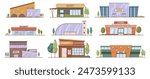 Shops and supermarkets with modern architectural style. Vector isolated set of city and town infrastructure. Buildings with bricks and wood, panoramic windows. Markets and shopping center, malls