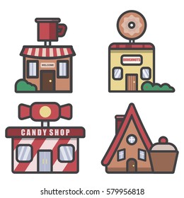 shops with sweets,bakery, coffee house,candy store, lodges with sweets, donuts and cakes,  vector image, flat design, outline