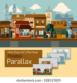 Shops tileable parallax with buildings on different layers vector illustration