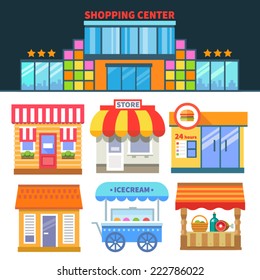 Shops and trade. Shopping Center. Different building of shops and cafes. Vector flat icons and illustrations