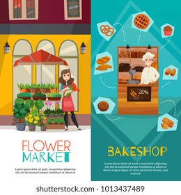 Shops vertical banners set with coffee street cart and butcher shop symbols flat isolated vector illustration