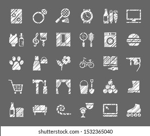 Shops, white flat icons, hatching, vector. Different categories of goods. Imitation of pencil hatching. 