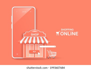 shop,search tab,shopping cart and 
The cursor points to the buy icon located beside smartphone for shopping online concept,vector 3d isolated on pastel pink,shopping on application smartphone