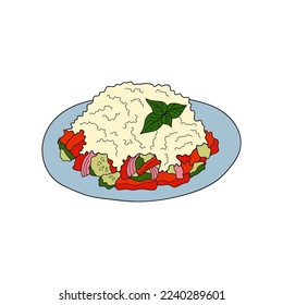 Shopska salad. Bulgarian traditional food. Vector hand-drawn illustration. Design element for menu cafe, bistro, restaurant. 