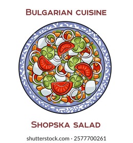 Shopska salad is a vibrant Bulgarian dish featuring diced tomatoes, cucumbers, and bell peppers topped with crumbled white sirene cheese, dressed with sunflower oil and vinegar.