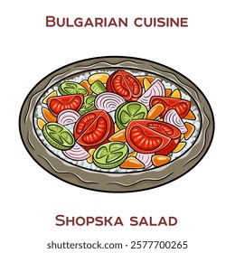 Shopska salad is a vibrant Bulgarian dish featuring diced tomatoes, cucumbers, and bell peppers topped with crumbled white sirene cheese, dressed with sunflower oil and vinegar.