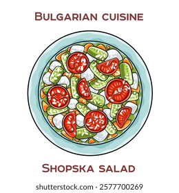 Shopska salad is a vibrant Bulgarian dish featuring diced tomatoes, cucumbers, and bell peppers topped with crumbled white sirene cheese, dressed with sunflower oil and vinegar.