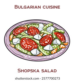 Shopska salad is a vibrant Bulgarian dish featuring diced tomatoes, cucumbers, and bell peppers topped with crumbled white sirene cheese, dressed with sunflower oil and vinegar.