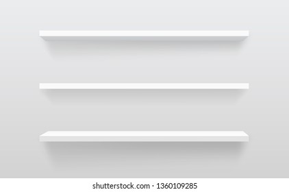 Shop-window shelf for white goods illuminated against the background of a white wall of the store. Vector graphics