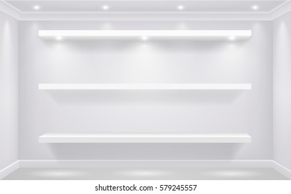 Shop-window shelf for white goods illuminated against the background of a white wall of the store. Vector graphics