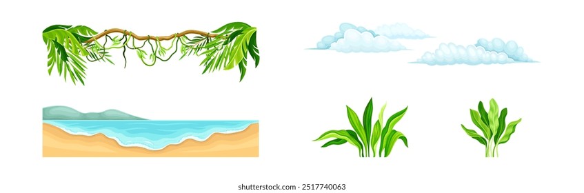 Shore, Cloud, Liana and Bush as Tropical Landscape Element Vector Set