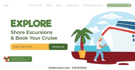 Shore excursions and cruises, explore and book destination online. Holidays and weekends relax and resting by traveling new location. Website landing page template, internet site. Vector in flat style