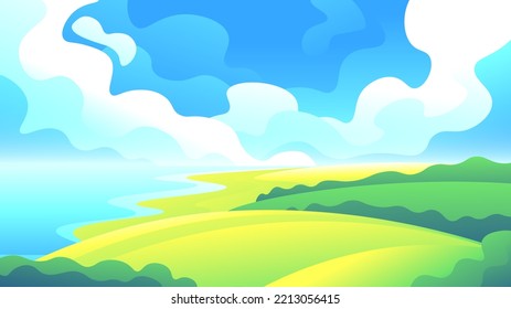 Shore of green hills near a wide river on a blue sky and fluffy clouds background. Bright horizontal illustration of a summer landscape.