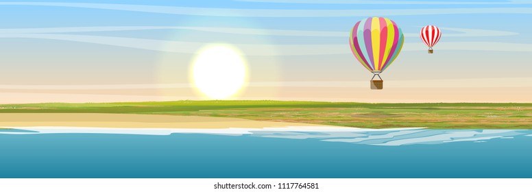 The shore of the lake, glade and sand. Air balloon flying over a green valley. Vector landscape.
