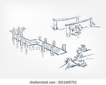 shore landing stage river vector ink illustration sketch japanese chinese style line art design view
