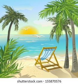 shore with palm trees and sunrise. vector illustration
