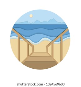 Shore, sea coast paper cut 3d vector illustration. Ocean, sunset scenery origami. Quay, beach, mountains skyline landscape. Isolated round design element. Minimalistic layered seafront clipart