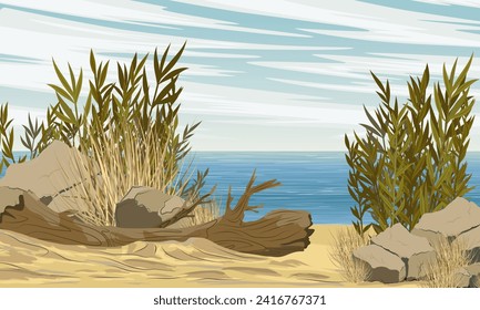 The shore of the sea or a large lake with bushes and a fallen tree. Realistic vector landscape