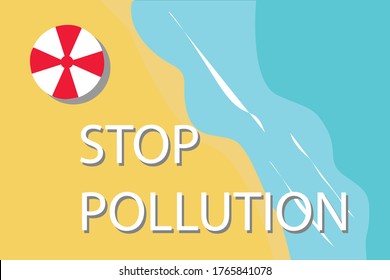 Shore seen from above with STOP POLLUTION written on it. Vector illustration