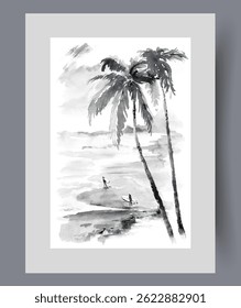 Shore of tropical island in ocean with palm trees and surfers on poster. Watercolor artwork. Wall art with southern island for people who love surfing and adrenaline, in frame with decor for print
