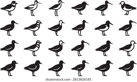 Shorebird Silhouette Vector Icon Set, Wading Birds and Sandpiper Minimalist Black Clipart Bundle, Solid Plover and Snipe Line Art Graphic for Nature Design