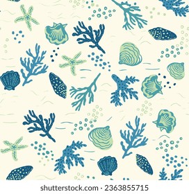 Encanto de la costa Seabreeze bañador Primavera Mar náutico expresivo de la pintura cáscara de coral burbujas de coral impresión sin fisuras patrón vectorial gráfico de arte