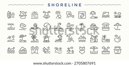 Shoreline icon pack. Outline symbol collection. Editable stroke. Vector collection. River icon set. Pictograms of river, seaside, sun, vacation and more.