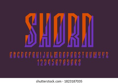 Shorn artistic display font. Complex orange purple letters, numbers and currency signs. Isolated vector english alphabet.