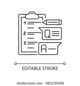 Short answer test pixel perfect linear icon. Exam paper with answers. Examination student. Thin line customizable illustration. Contour symbol. Vector isolated outline drawing. Editable stroke