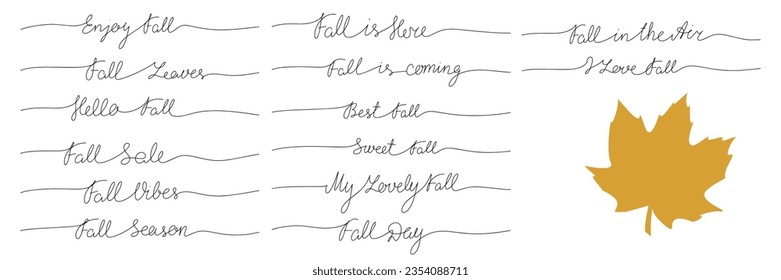 Short Autumn phrases lettering. One line continuous. Vector illustration.