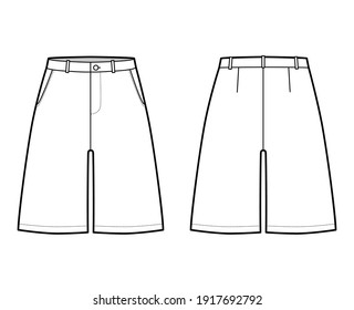 Short baggy Bermudas dress pants technical fashion illustration with above-the-knee length, low waist, slashed pocket. Flat walking bottom template front, back, white color style. Women men CAD mockup