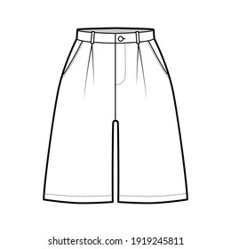 Short baggy Bermudas dress pants technical fashion illustration with above-the-knee length, single pleat, normal waist, high rise. Flat bottom template front, white color style. Women, men CAD mockup