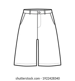 Short baggy Bermudas dress pants technical fashion illustration with above-the-knee length, low waist, rise, slashed pocket. Flat walking bottom template front white color style. Women, men CAD mockup