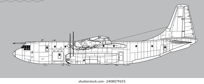 Dibujo de vectores de aviones de transporte pesado. Vista lateral. Imagen para ilustraciones e infografías.