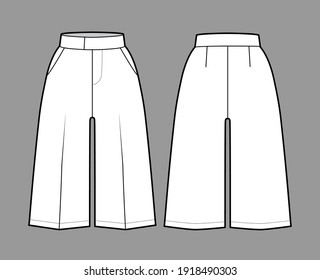 Short Bermuda dress pants technical fashion illustration with knee length, single pleat, normal waist, high rise, slashed pocket. Flat bottom template front, back, white color style. Women, CAD mockup