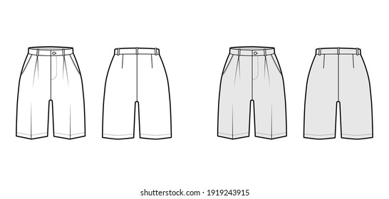 Short Bermuda dress pants technical fashion illustration with above-the-knee length, single pleat, normal waist, high rise. Flat walking bottom front, back white grey color style. Women men CAD mockup