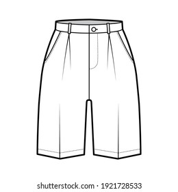 Short Bermuda dress pants technical fashion illustration with above-the-knee length, single pleat, normal waist, high rise. Flat walking bottom front, white color style. Women, men CAD mockup