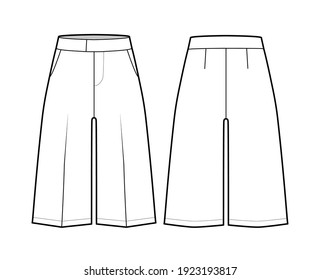 Pantalones cortos de Bermudas ilustraciones técnicas de moda con longitud de rodilla, cintura normal, alto aumento, bolsillo recortado. Estilo de color blanco, frontal y posterior de la plantilla. Mujeres, hombres se burlan de CAD