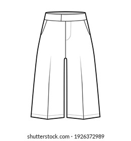 Short Bermuda dress pants technical fashion illustration with knee length, normal waist, high rise, slashed pocket. Flat walking bottom template front, white color style. Women, men CAD mockup