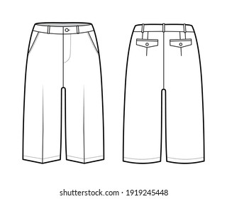 Short Bermuda pants technical fashion illustration with knee length, low waist, rise, slashed pocket. Flat walking bottom template front, back, white color style. Women, men unisex CAD mockup