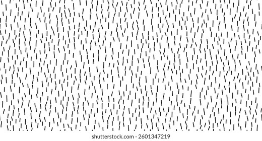 Short black hand drawn dashes on white bg as a seamless patern. Abstract simple texture with chaotic irregular strokes. Rain illustration.