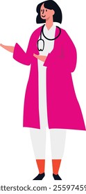 A short black-haired female doctor with bangs wearing a pink doctor's coat and a black stethoscope, with a pose like explaining something. Vector illustration with EPS 10 format.