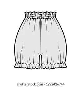 Short bloomers pants technical fashion illustration with bow, mini length, normal waist, high rise, gathered. Flat bottom apparel template front, grey color style. Women men unisex CAD mockup