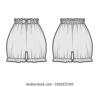 Short bloomers pants technical fashion illustration with bow, mini length, normal waist, high rise, gathered. Flat bottom apparel template front, back, grey color style. Women men unisex CAD mockup