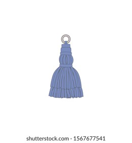 Short blue tassel isolated on white background, textile rope decoration in hand drawn cartoon style. Vintage curtain holder element or yarn tie ornament - vector illustration